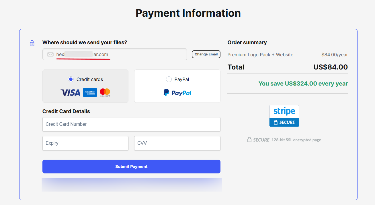 Checkout page showing user email